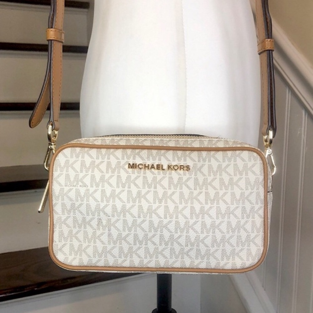 MICHAEL KORS White Leather MK Monogram Jet Set Tote Crossbody Shoulder Body